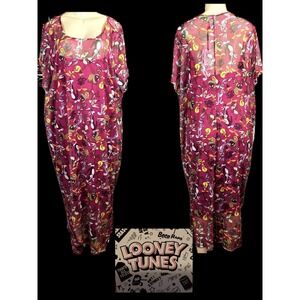 Looney Tunes Character Print Mesh Lined Midi T-Shirt Style Dress Magenta XL-1